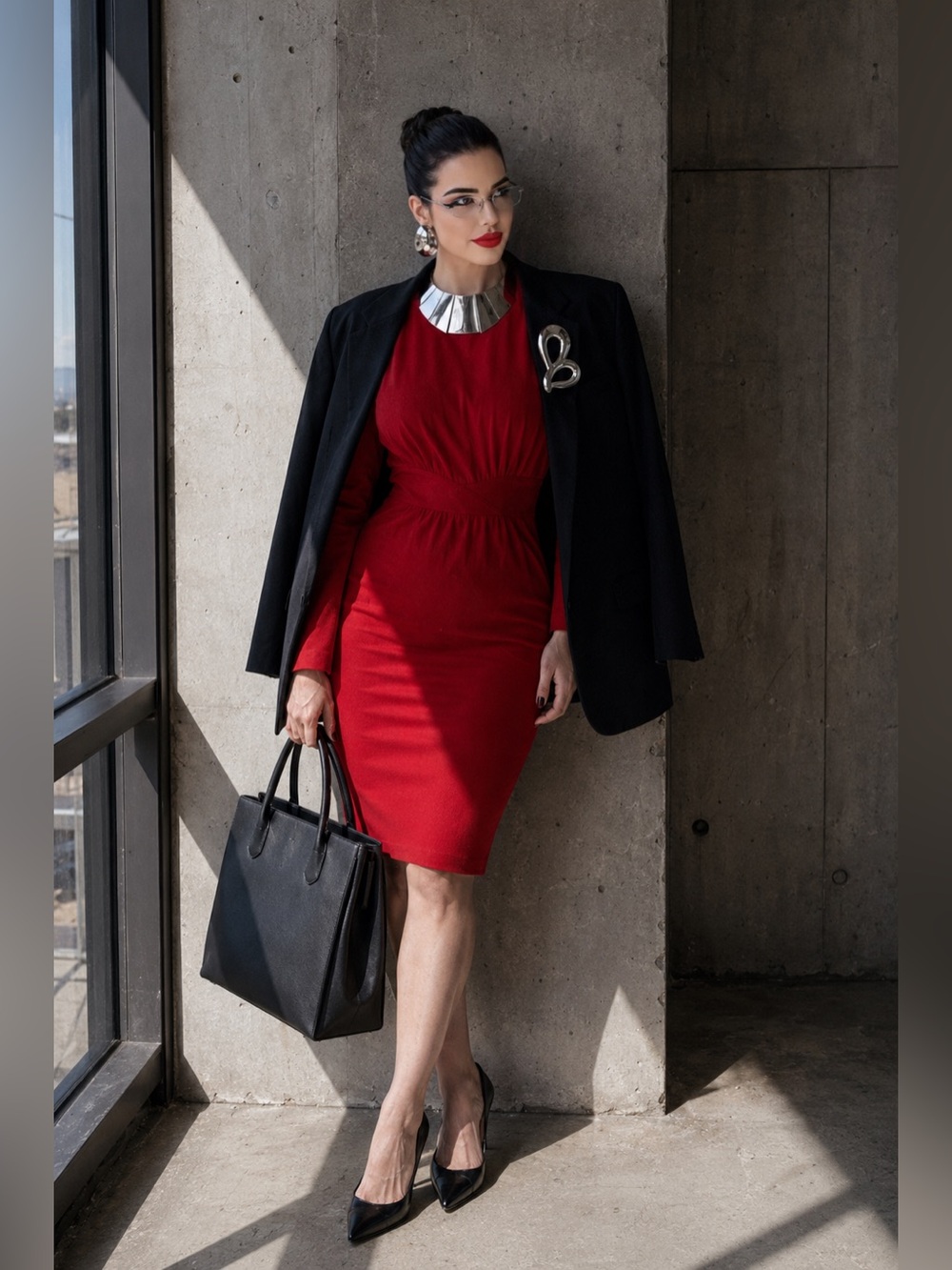 Vintage 80s Nordstrom Red Wool Heavy Knit Midi Dress Shoulder Pads Sz 4